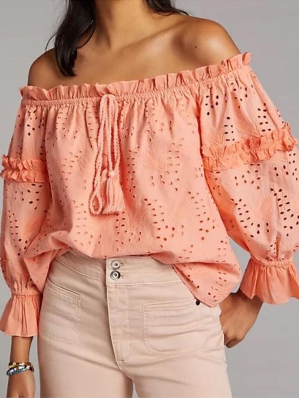Women’s Anthropologie Off-Shoulder Eyelet Blouse in Peach 20W